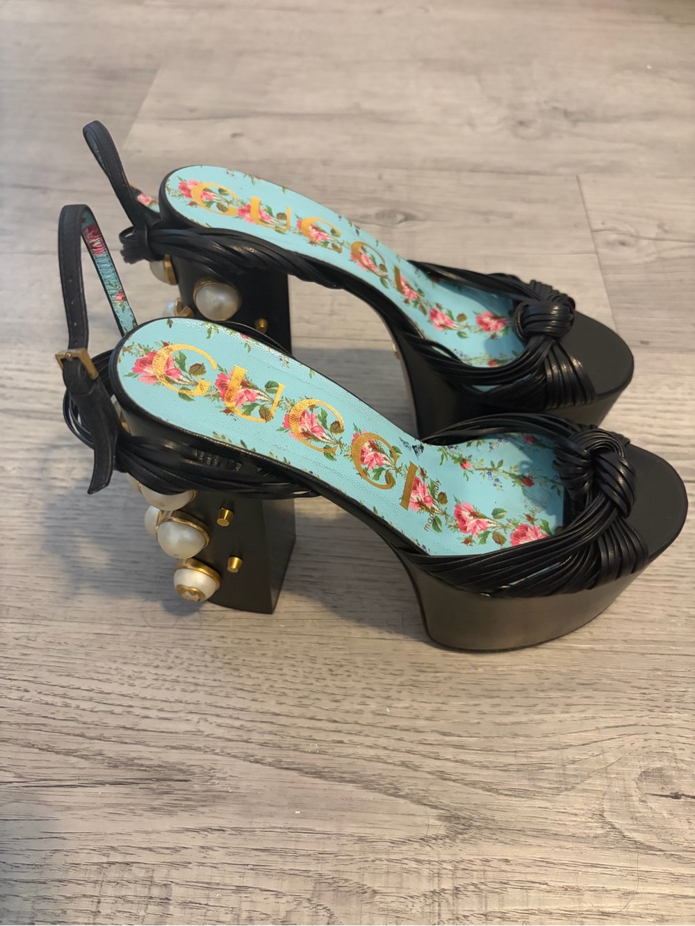 Gucci Black Platform Slingback Sandals with Floral Insole and Pearl-Heel Accents